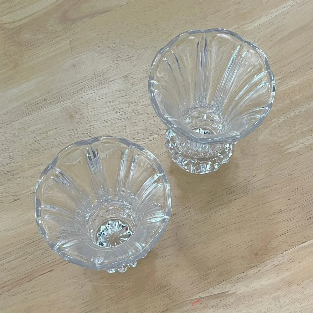 Vintage Crystal Bud Vases Pair Scalloped Flared Tulip Diamond Cut Glass 5.25in